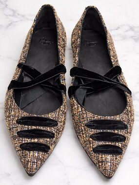 🆕🏷️ Camel/Black New Tweed St. Clair Wrap Ballet Flats Made in Spain